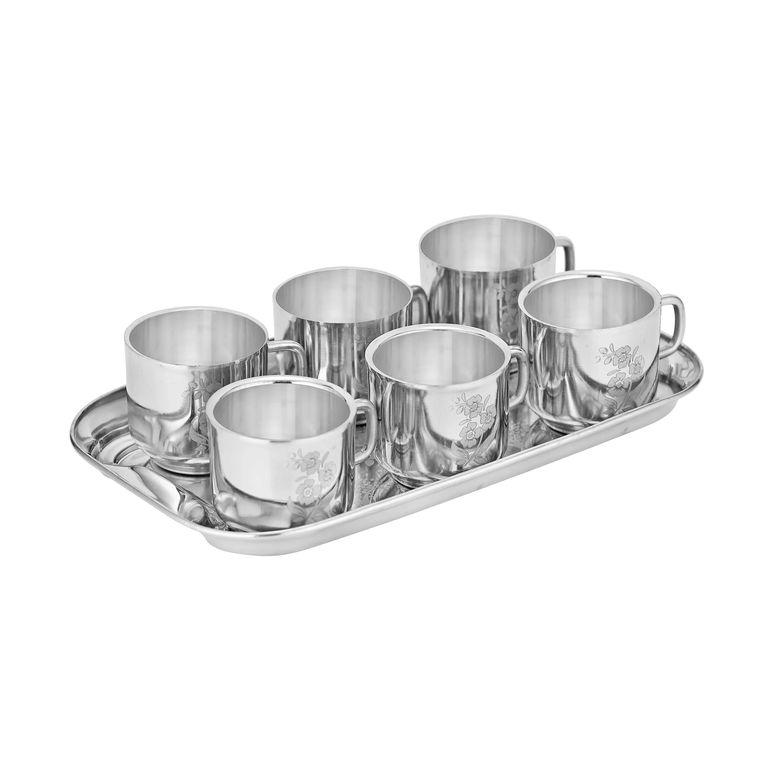 STAINLESS STEEL CUP SAUCER SET 7 PC WITH TRAY - CROCKERY WALA AND COMPANY 
