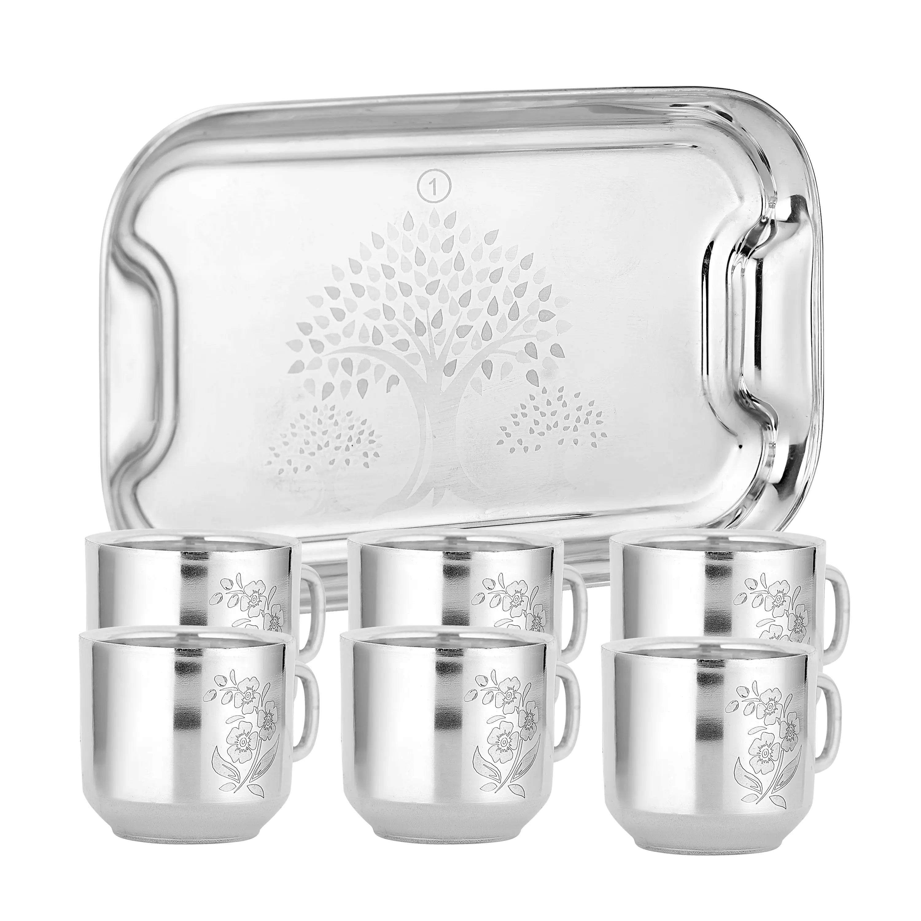 STAINLESS STEEL CUP SAUCER SET 7 PC WITH TRAY - CROCKERY WALA AND COMPANY 