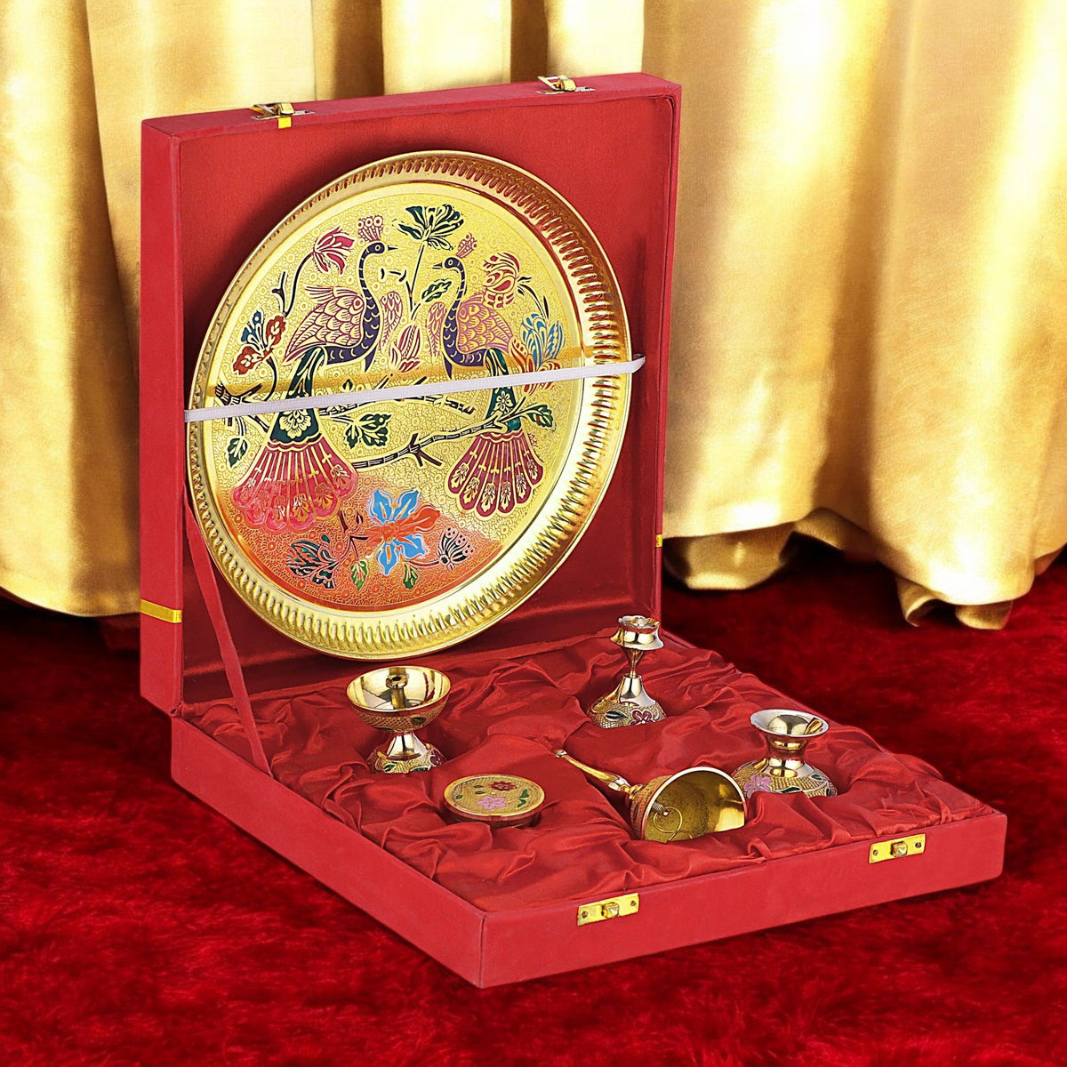Brass Peacock Pooja Thali Set With Velvet Box Gift CROCKERY WALA AND COMPANY