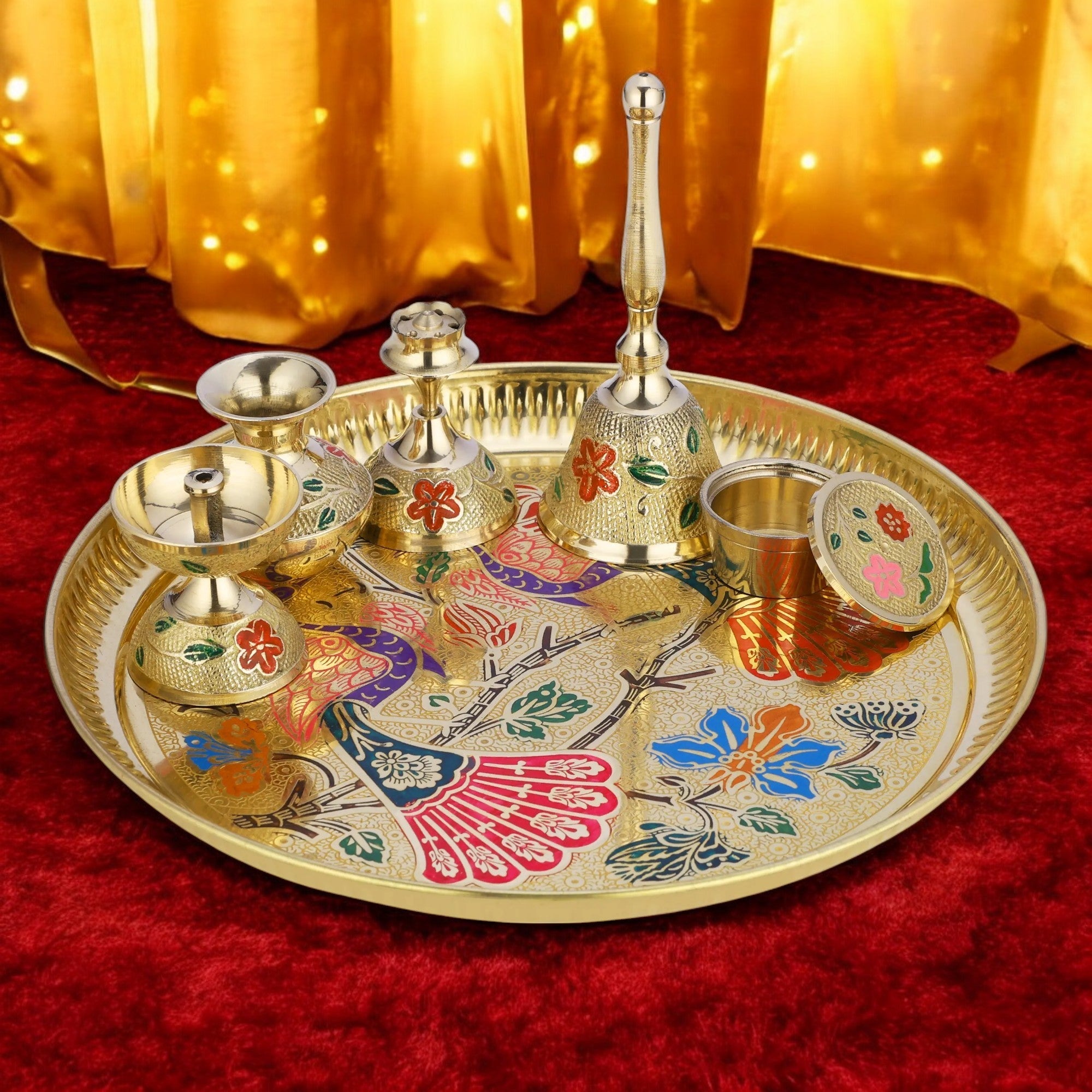 Brass Peacock Pooja Thali Set With Velvet Box Gift CROCKERY WALA AND COMPANY