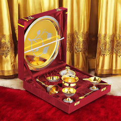 Brass Pooja Thali Set Two Tone With Velvet Box Gift Set CROCKERY WALA AND COMPANY