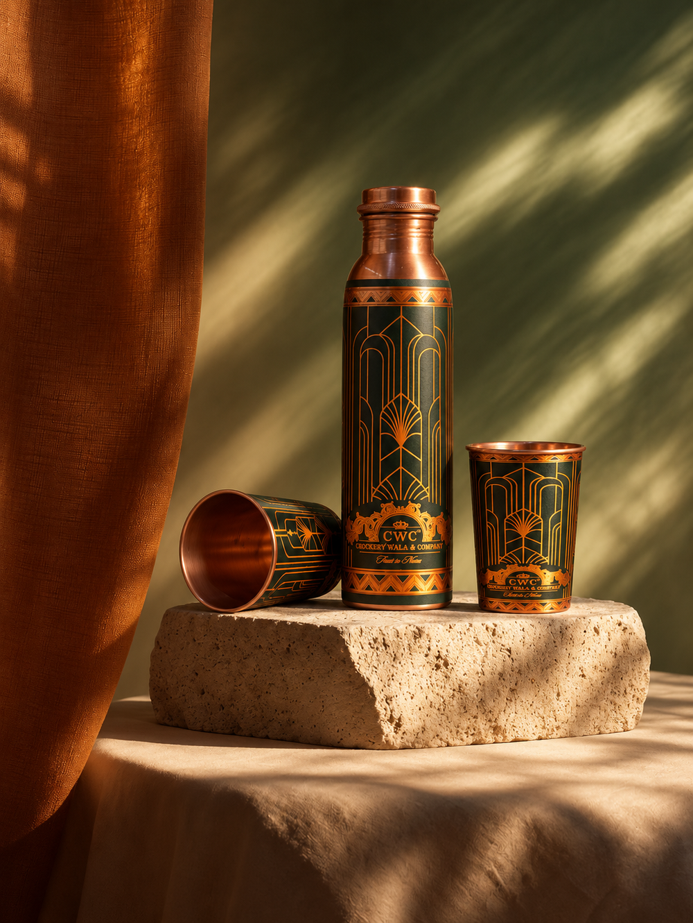 Crockerywala Pure Copper Bottle with 2 Glasses Set- Geometric UV Design