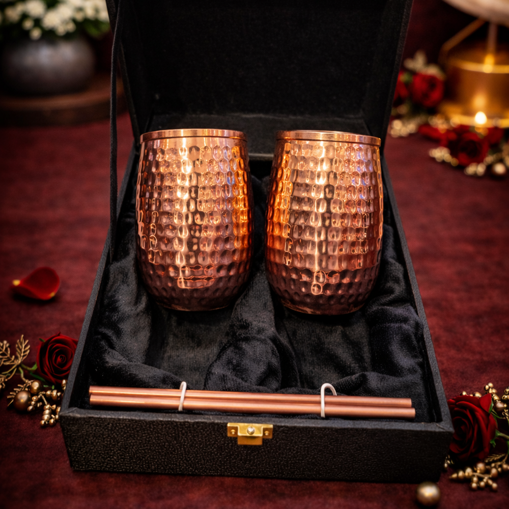 Pure Copper Dholak Glass with Straw Set of 2 Inside Tin Coating