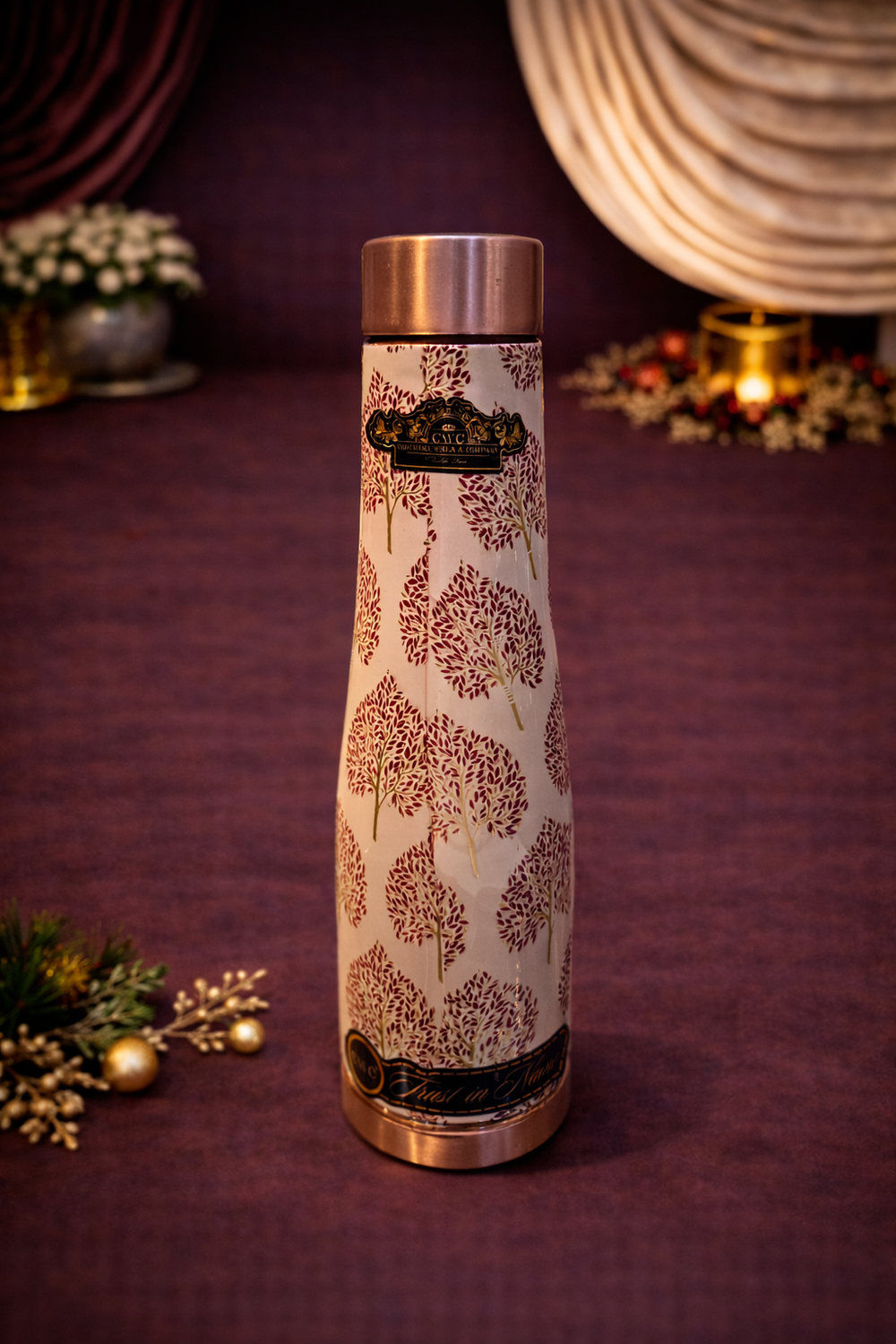 Pure Copper Red Petal Printed Water Bottle