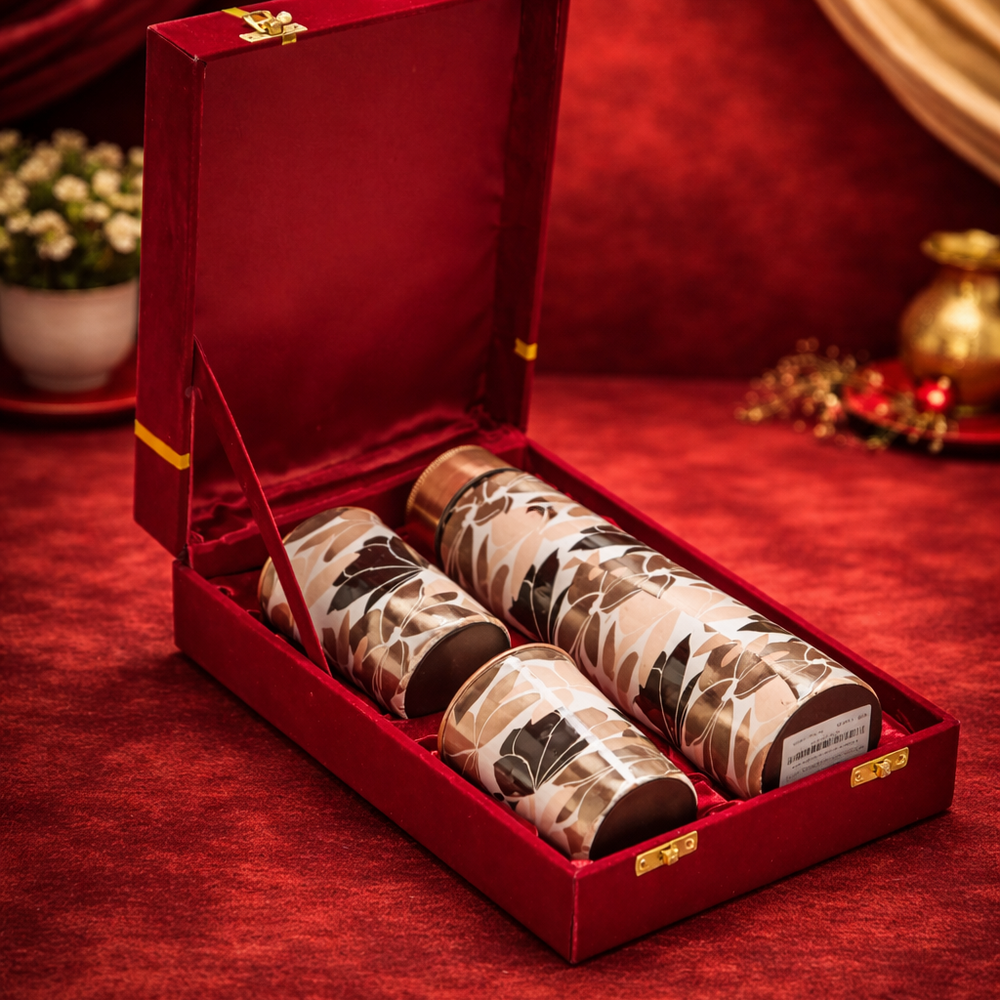 Copper Bottle Printed Set Ceramic Finish - Pure Copper