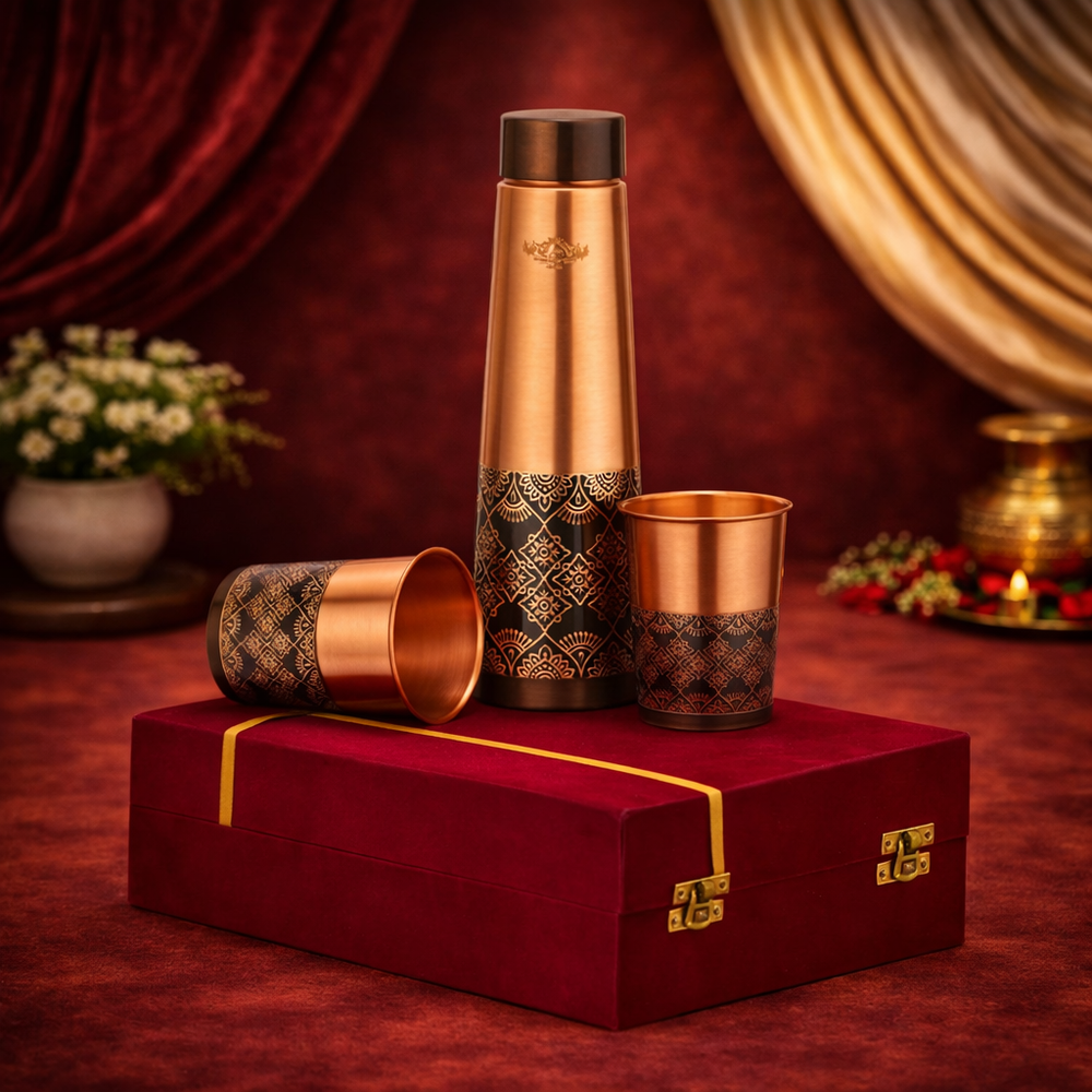 Copper Bottle Half Antique Set Tower Shape - Pure Copper