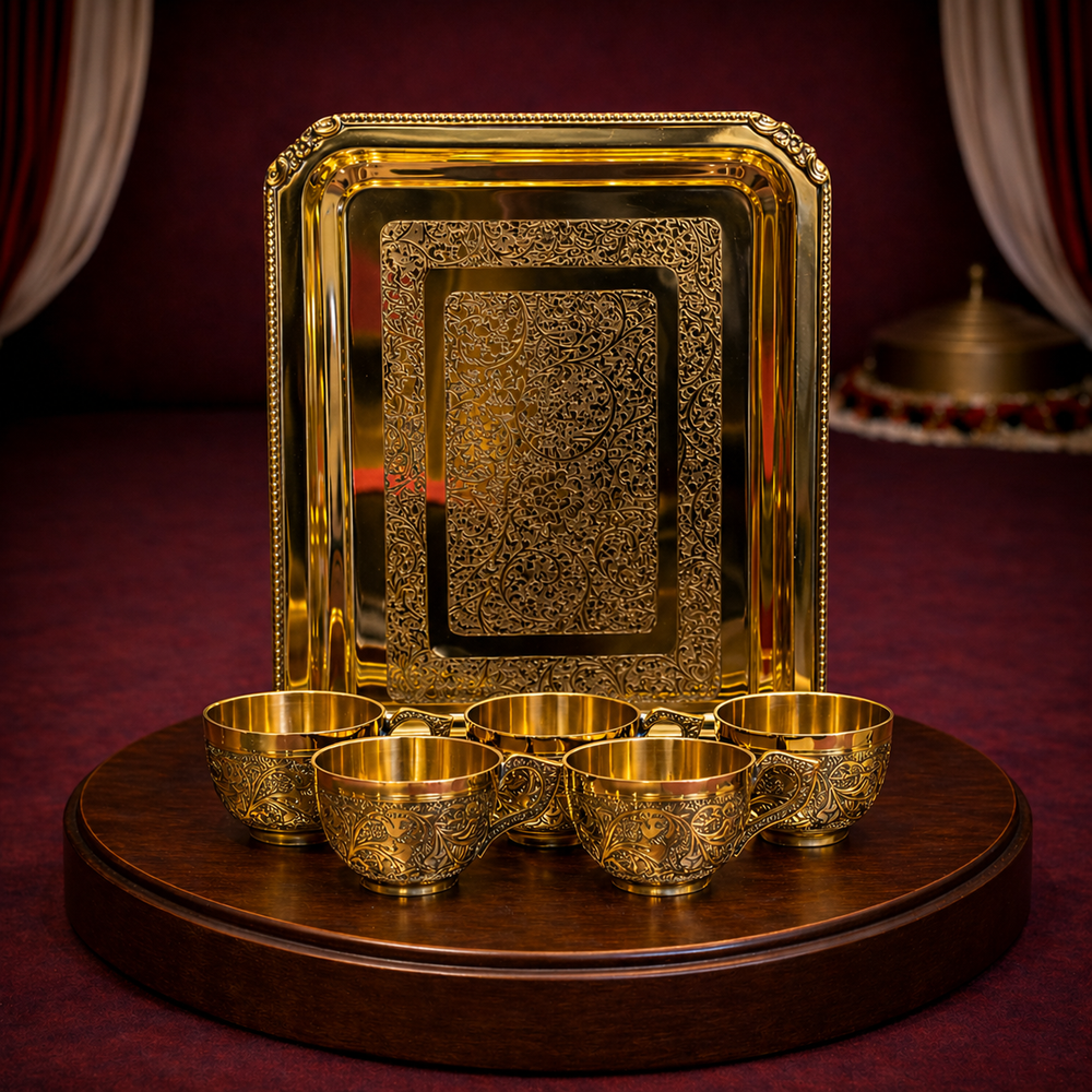 Pure Brass Tea Set 6 cups, 6 Saucer, 1 Tray All Hand Engraved