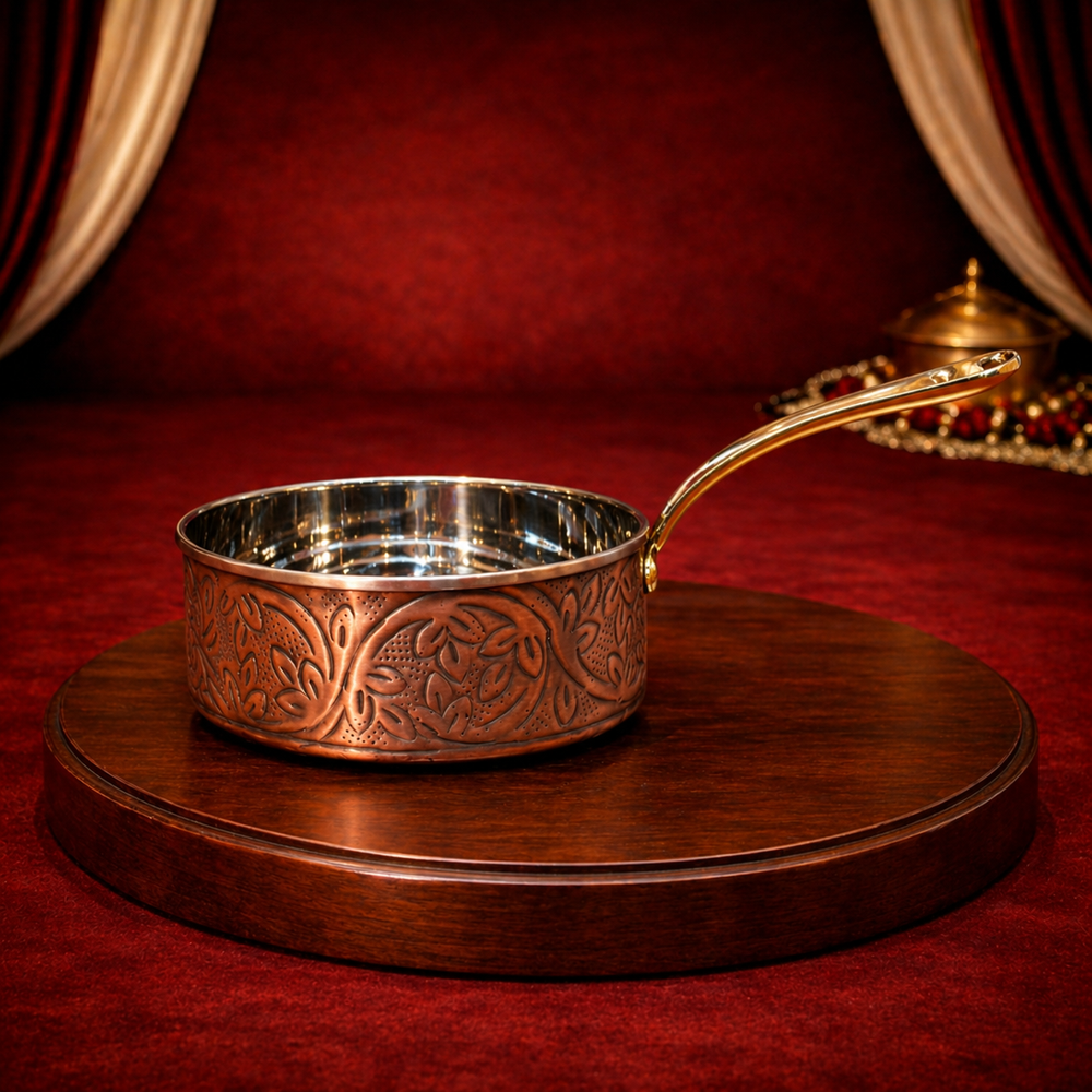 Pure Copper Steel Antique Sauce Pan Smoky Finish Hand Engraved