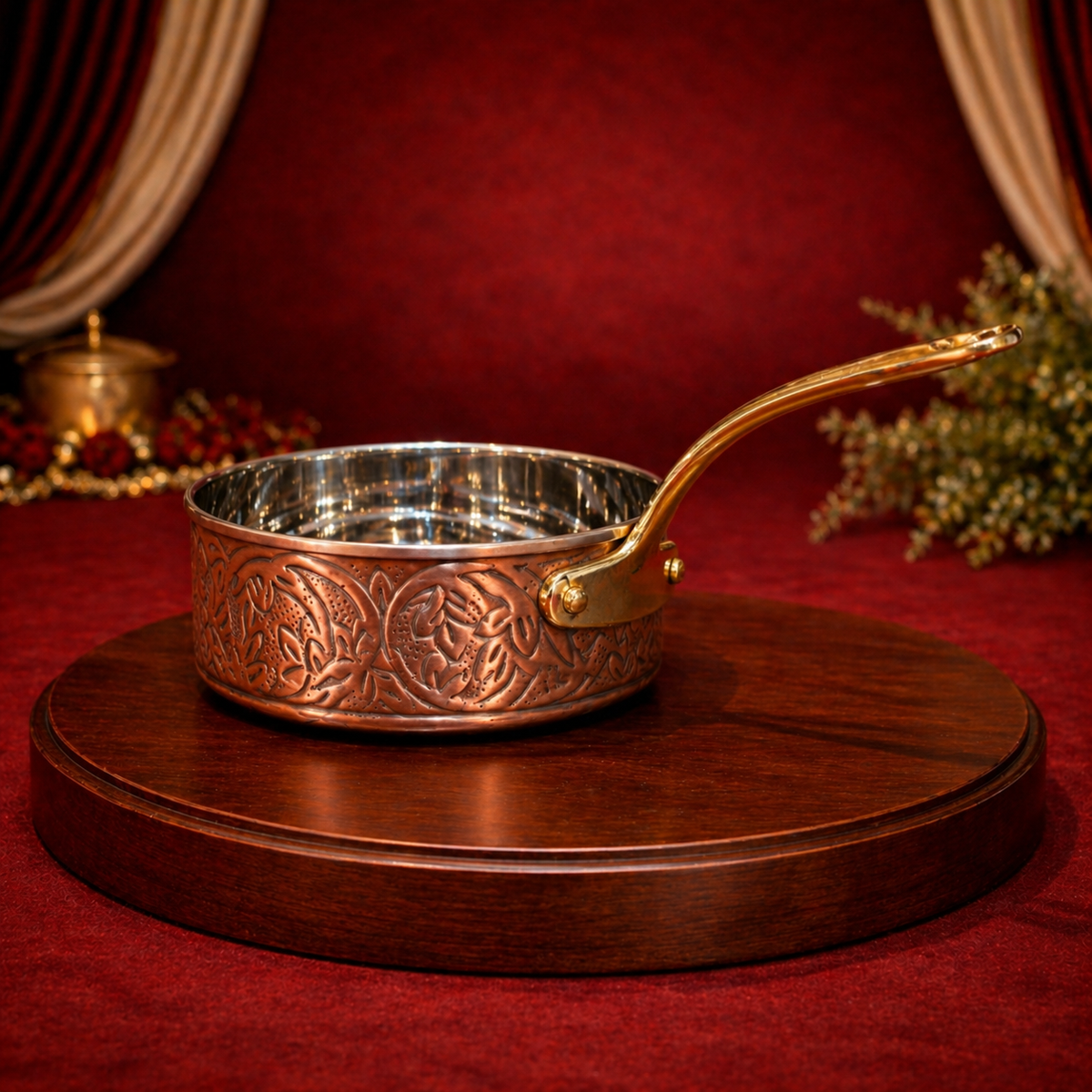 Pure Copper Steel Antique Sauce Pan Smoky Finish Hand Engraved