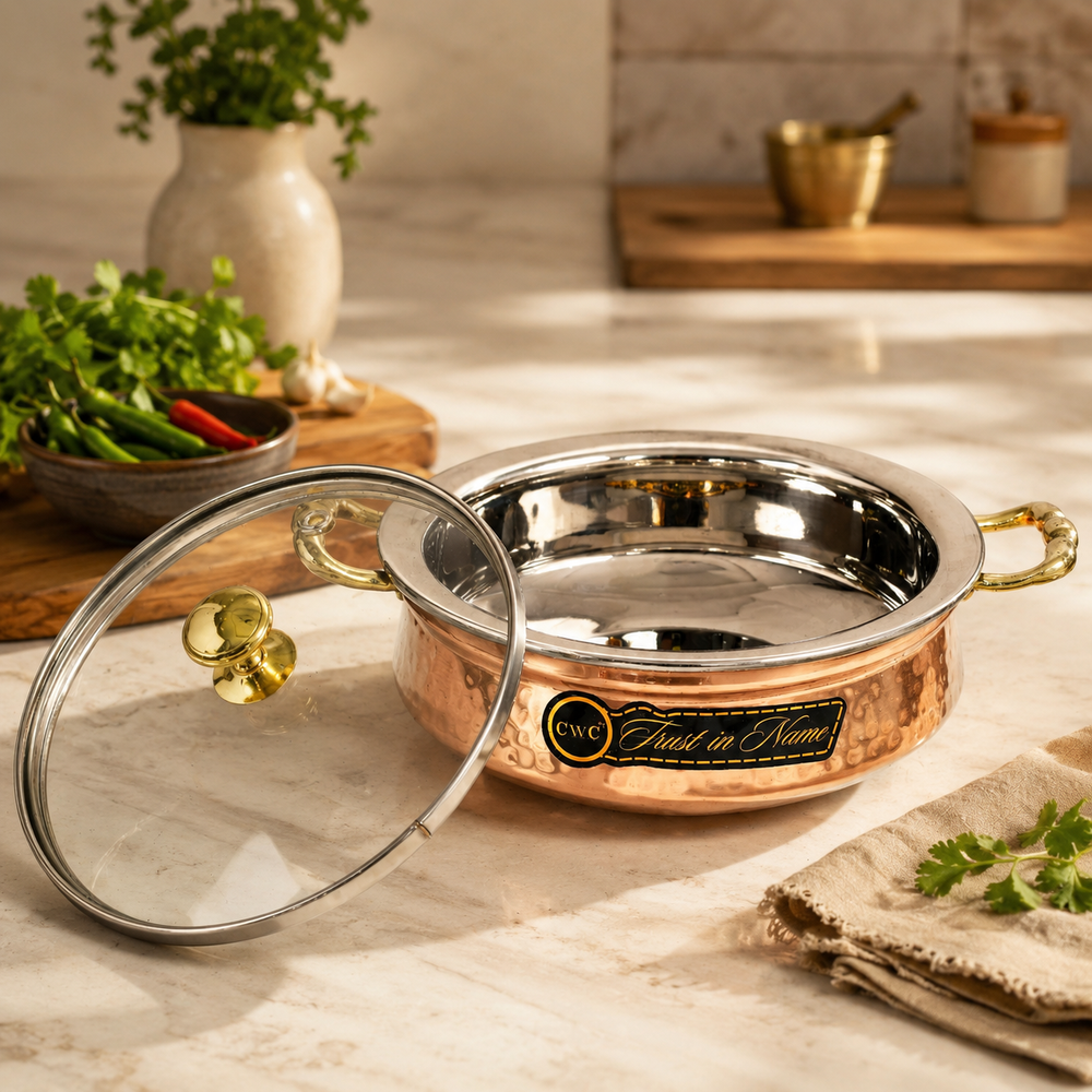 Copper Handi For Serving Royal Look With Glass Cover Bowl