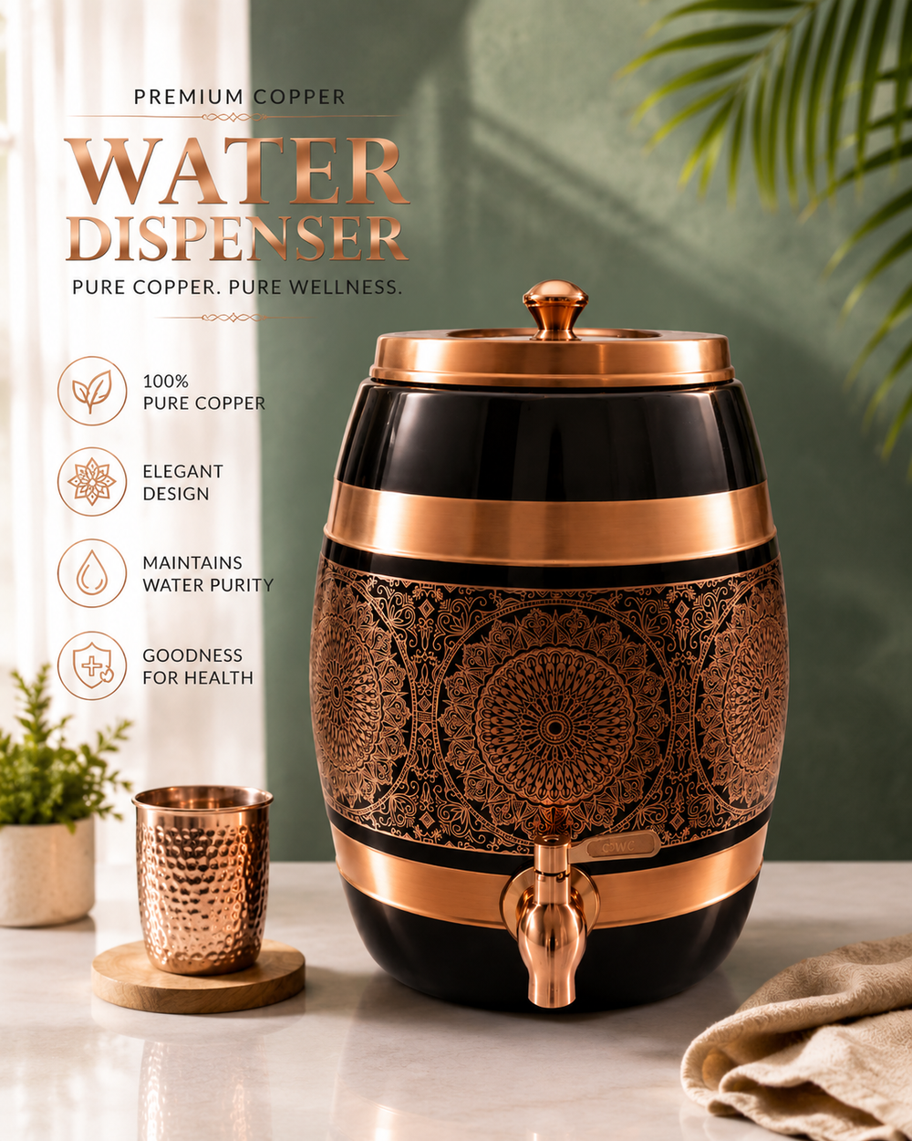 Luxury Pure Copper Water Dispenser 5L | Handcrafted Mandala Etching | Healthy Living Essential