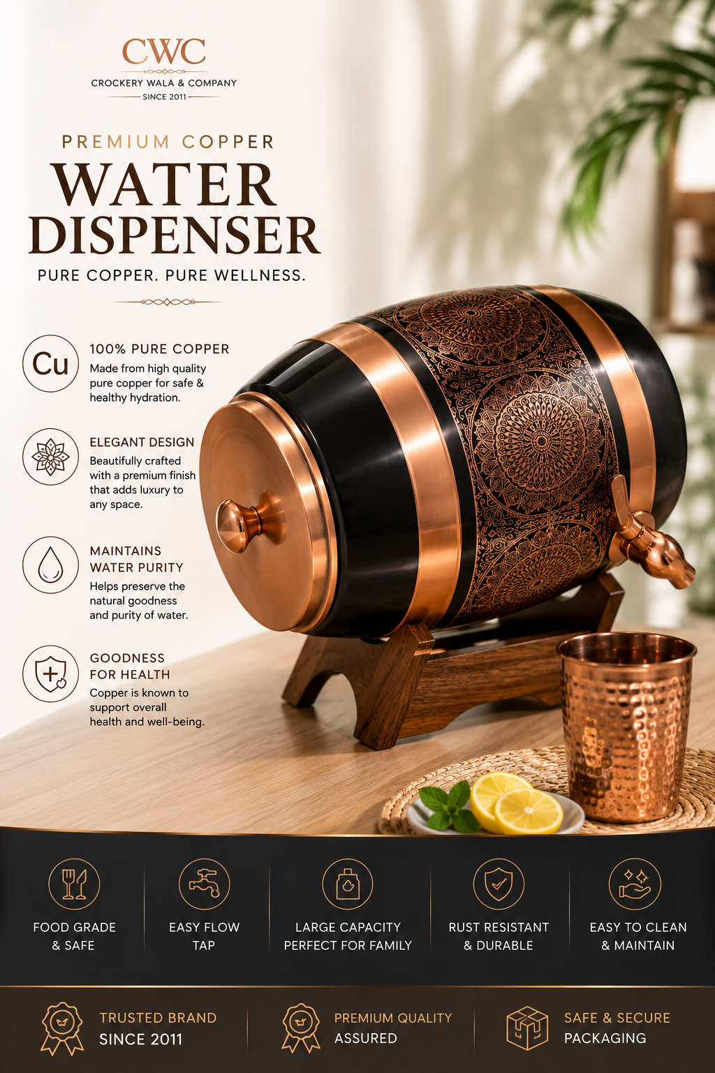 Luxury Pure Copper Water Dispenser 5L | Handcrafted Mandala Etching | Healthy Living Essential