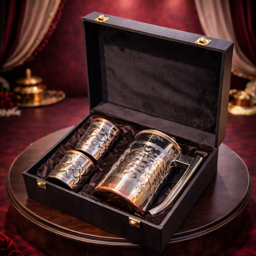 Pure Copper Steel Daimond Jug Set With Beautiful Leather Box