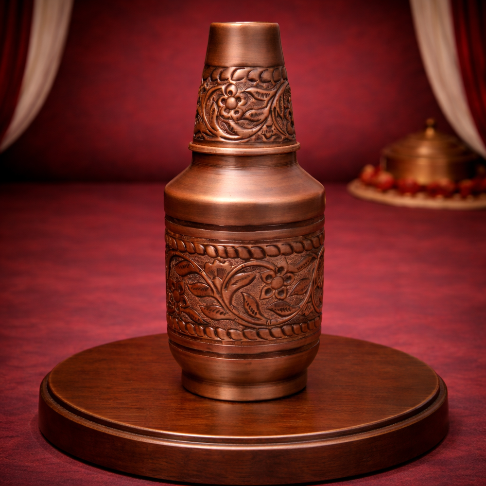 Pure Copper Antique Bedside Jar With Hand Carving Smoky Finish