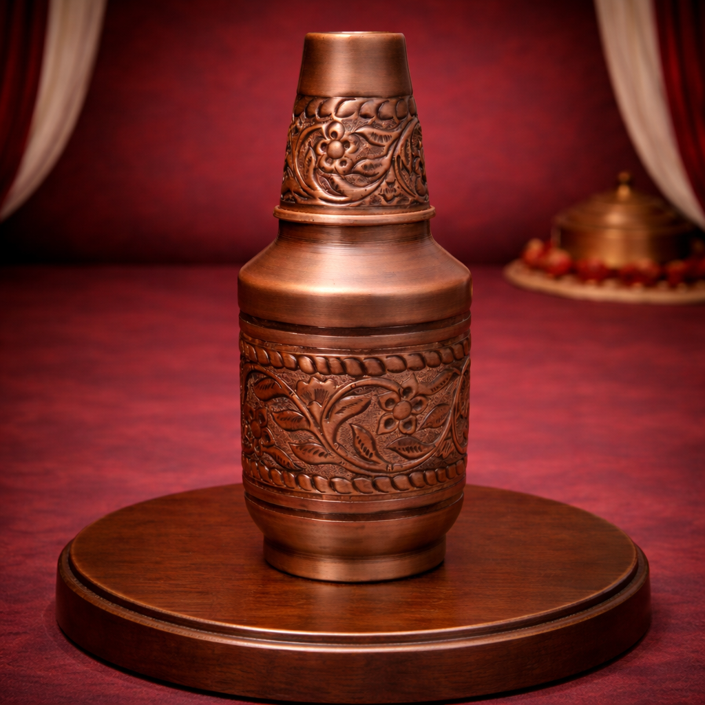 Pure Copper Antique Bedside Jar With Hand Carving Smoky Finish