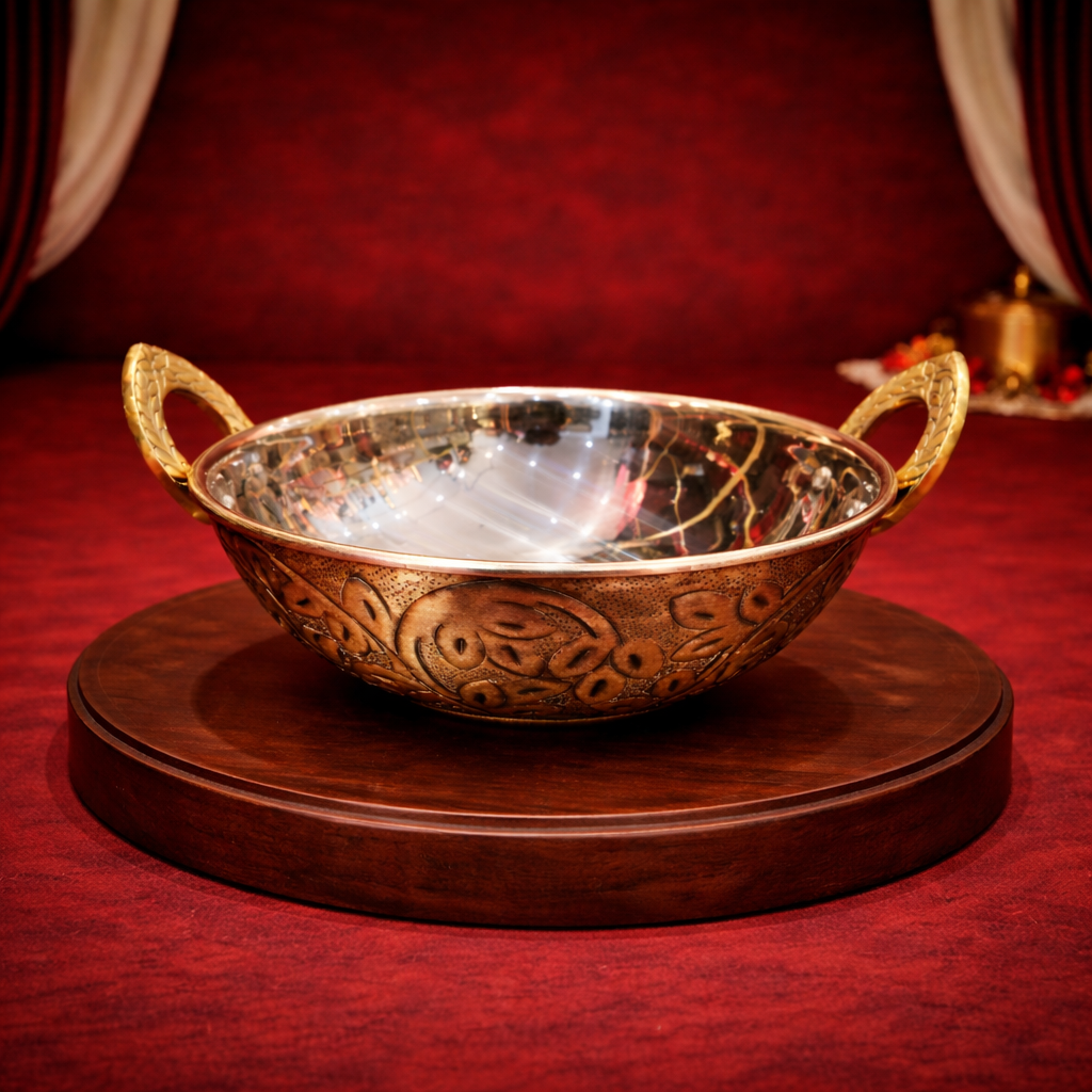 Pure Copper Steel Antique Serving Karahi Smoky Finish Embossed