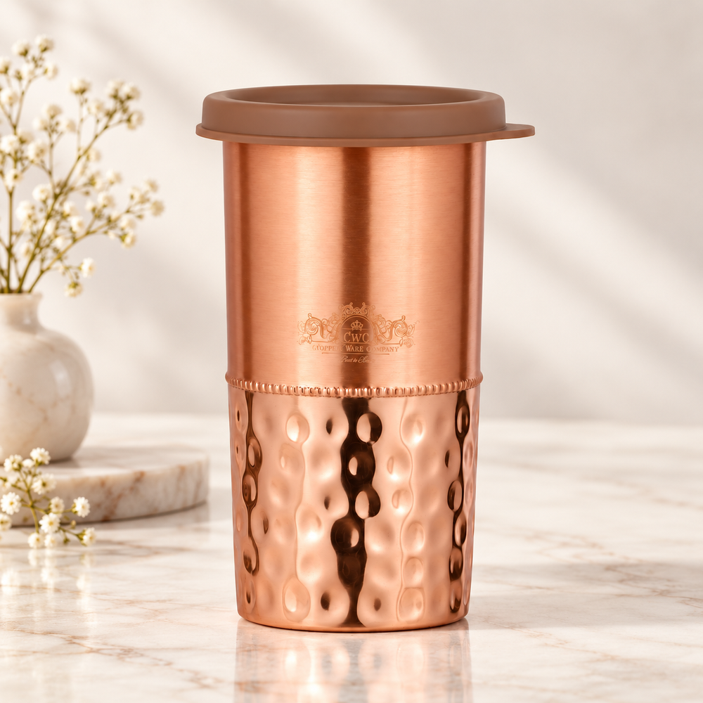 Pure Copper Half Hammered Tumbler with Lid 500ML