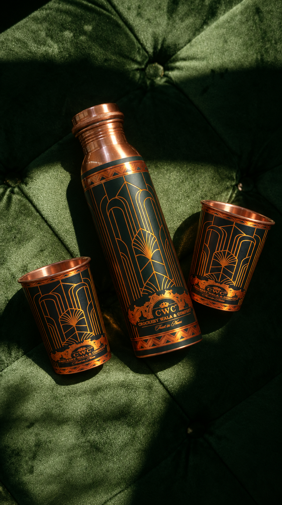 Crockerywala Pure Copper Bottle with 2 Glasses Set- Geometric UV Design