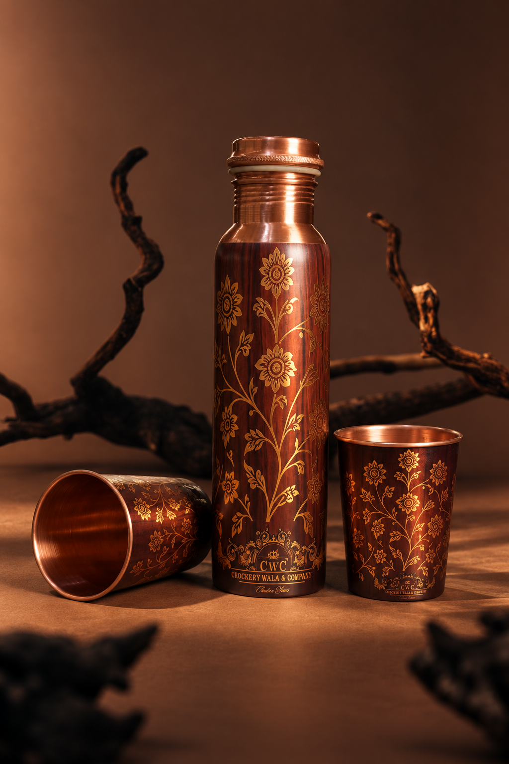 Crockerywala rich antique floral design Pure Copper Water Bottle Set