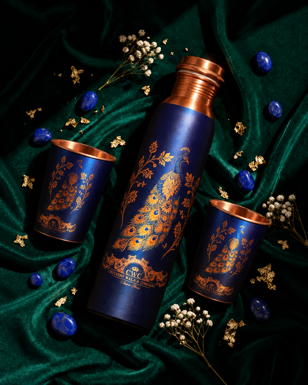 Crockerywala Royal Peacock Blue Copper Bottle Set