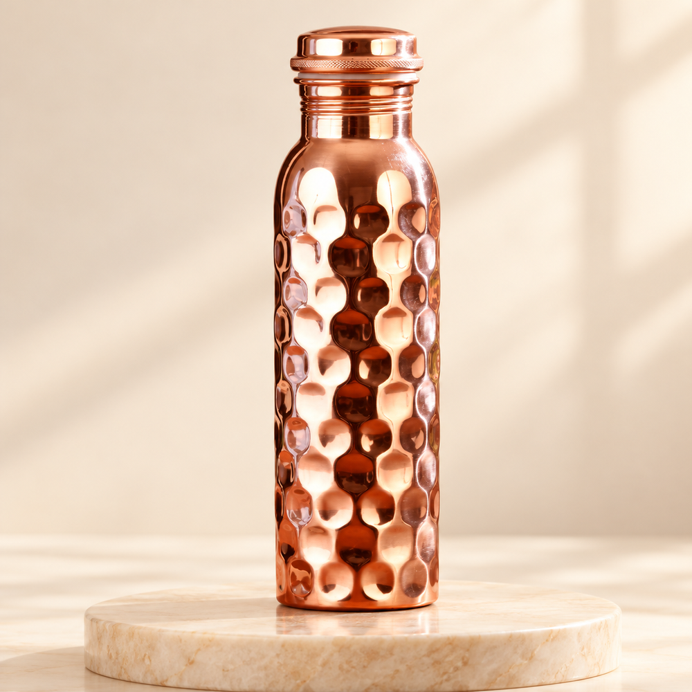 Copper Bottle Diamond Finish For Water Storage 900 ML - Pure Copper