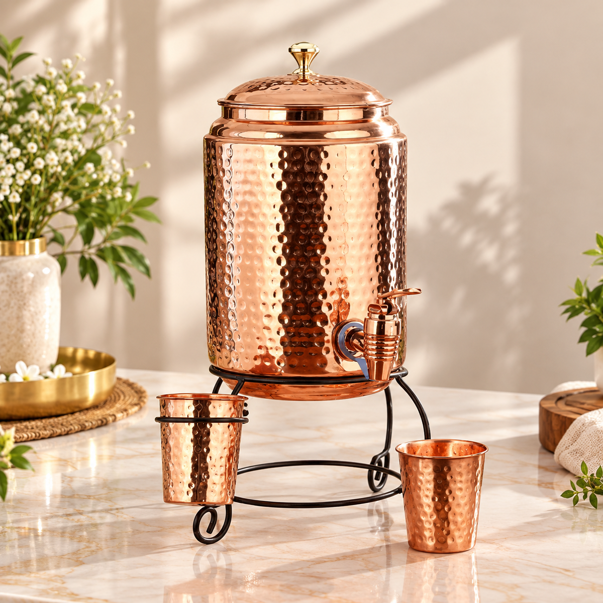 Copper Water Dispenser hammered finish with stand and 2 glass 5 litres - Pure Copper
