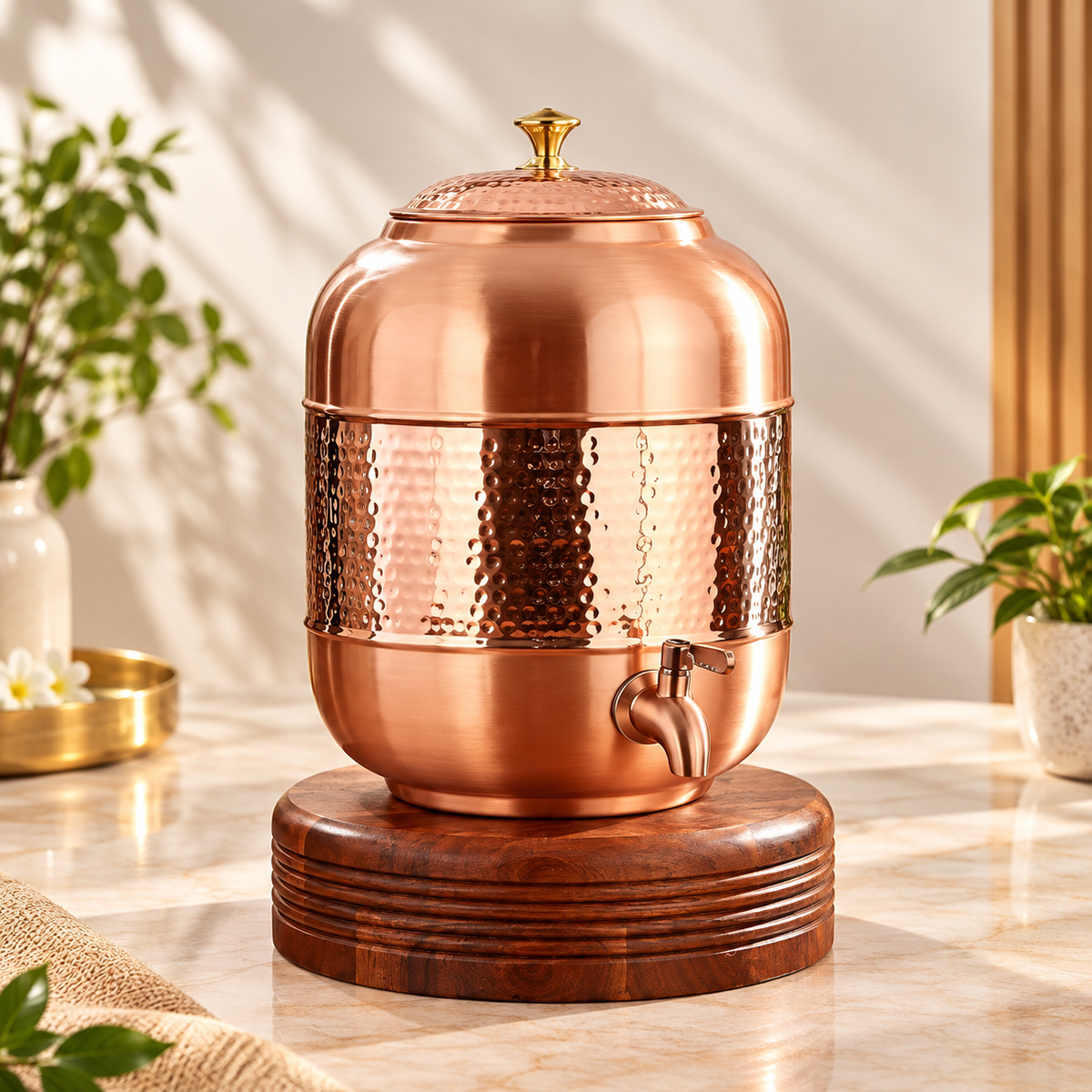Copper Water Dispenser For Drinking Water Half Hammered Designer With Tap - Pure Copper