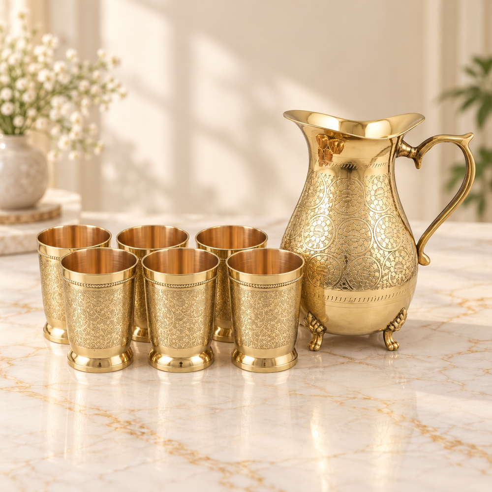 Crockery Wala And Company Brass Jug 1750 ML And Six Glass
