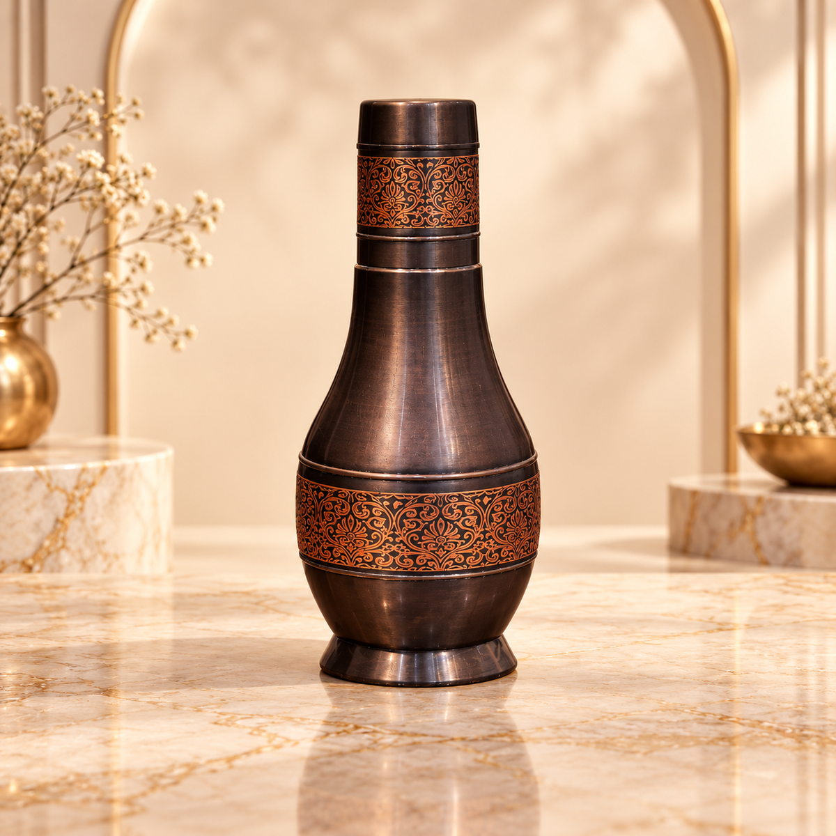 Pure Copper Antique Itching Bedside Jar With Screw Lid Leakproof For Keeping Ganga Jal