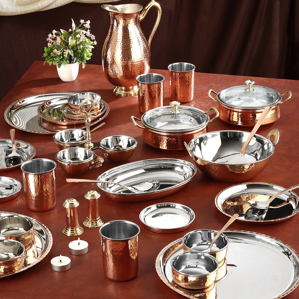 Pure Copper & Steel Dinner Set 63 Pcs Maharaja Look for Elegant Dining