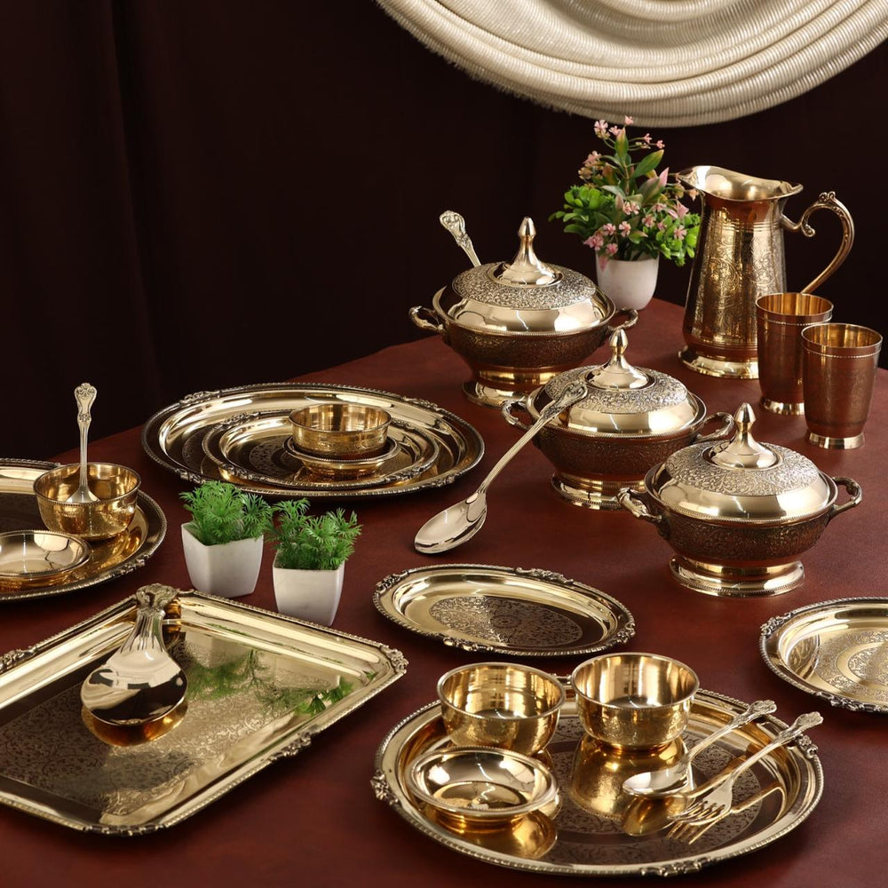 Pure Brass Dinner Set Thali Set Mughal Design 70 Pcs Set