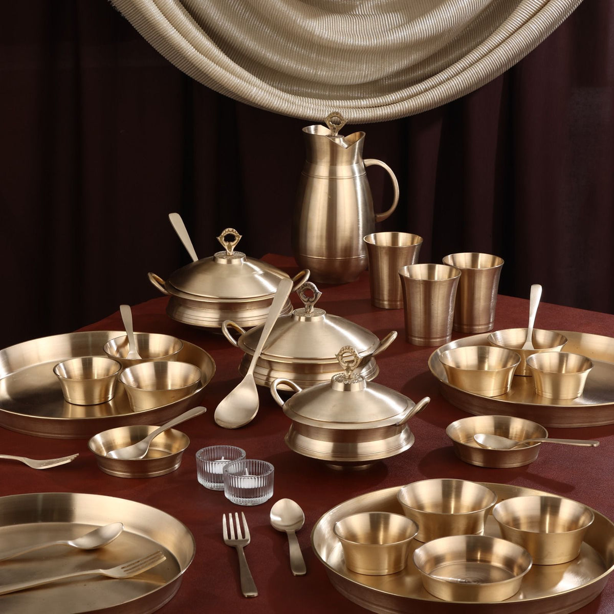 PURE BRASS PARI MATTE FINISH DINNER SET THALI SET 77PCS