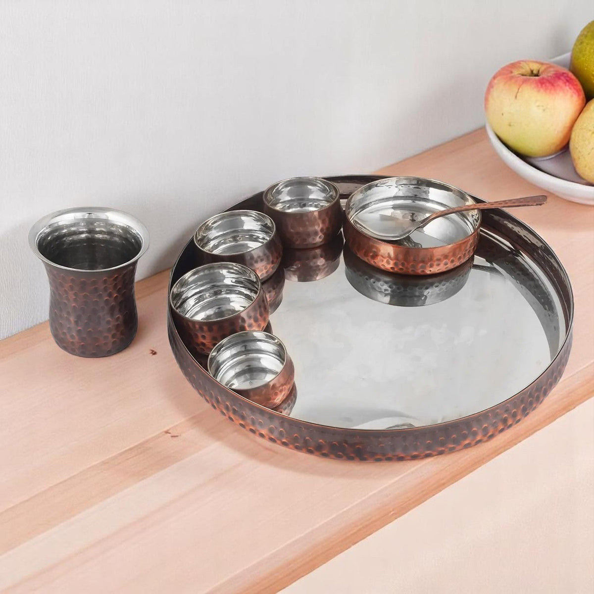 Steel Copper Thali Set Hammered Antique Finish Set Of 8 Pcs Crockery Wala And Company Ltd