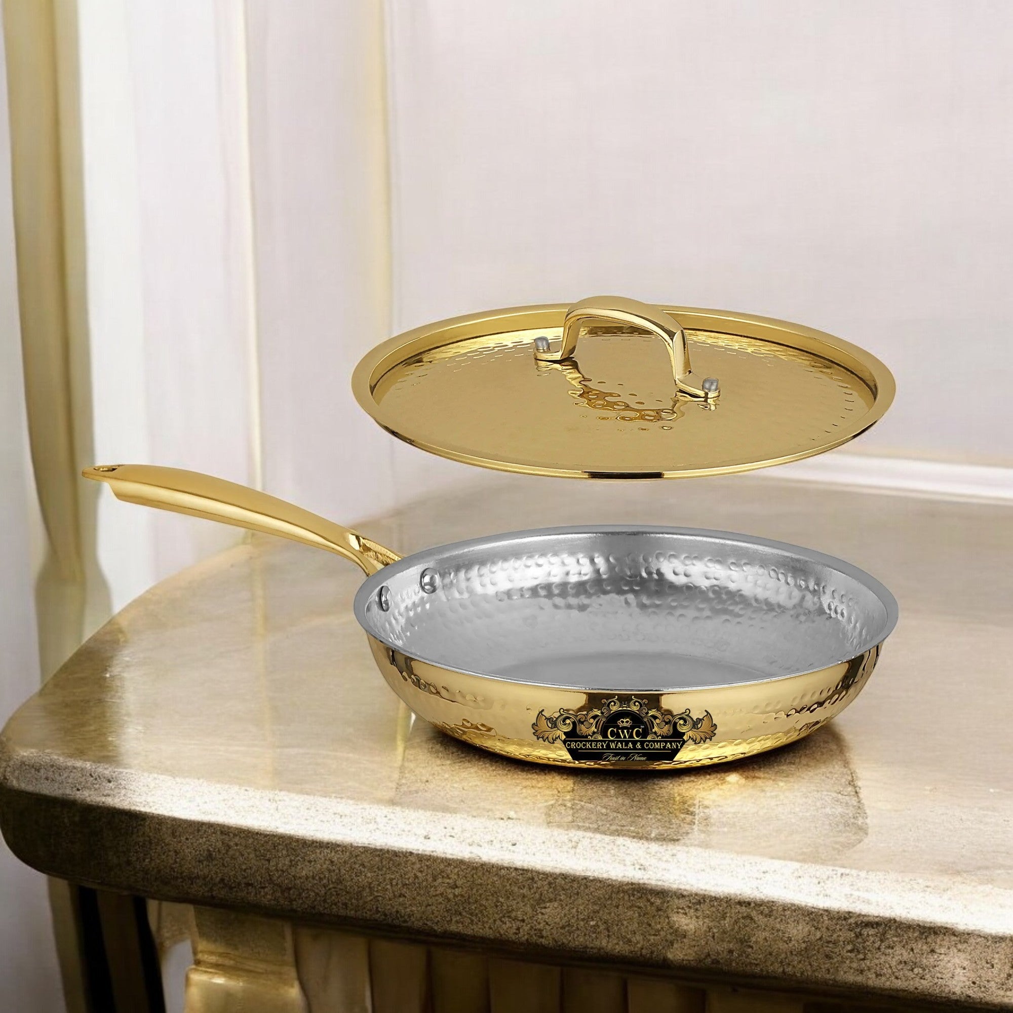 Pure Brass Frying Pan With Kalai Premium Finish Lid CROCKERY WALA AND COMPANY