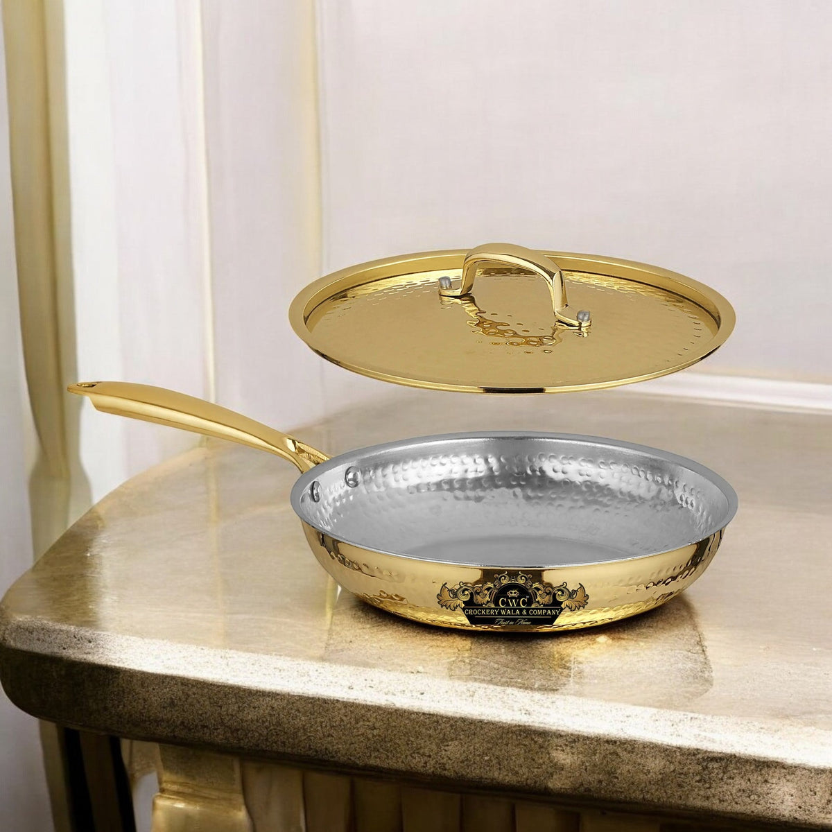 Pure Brass Frying Pan With Kalai Premium Finish Lid CROCKERY WALA AND COMPANY