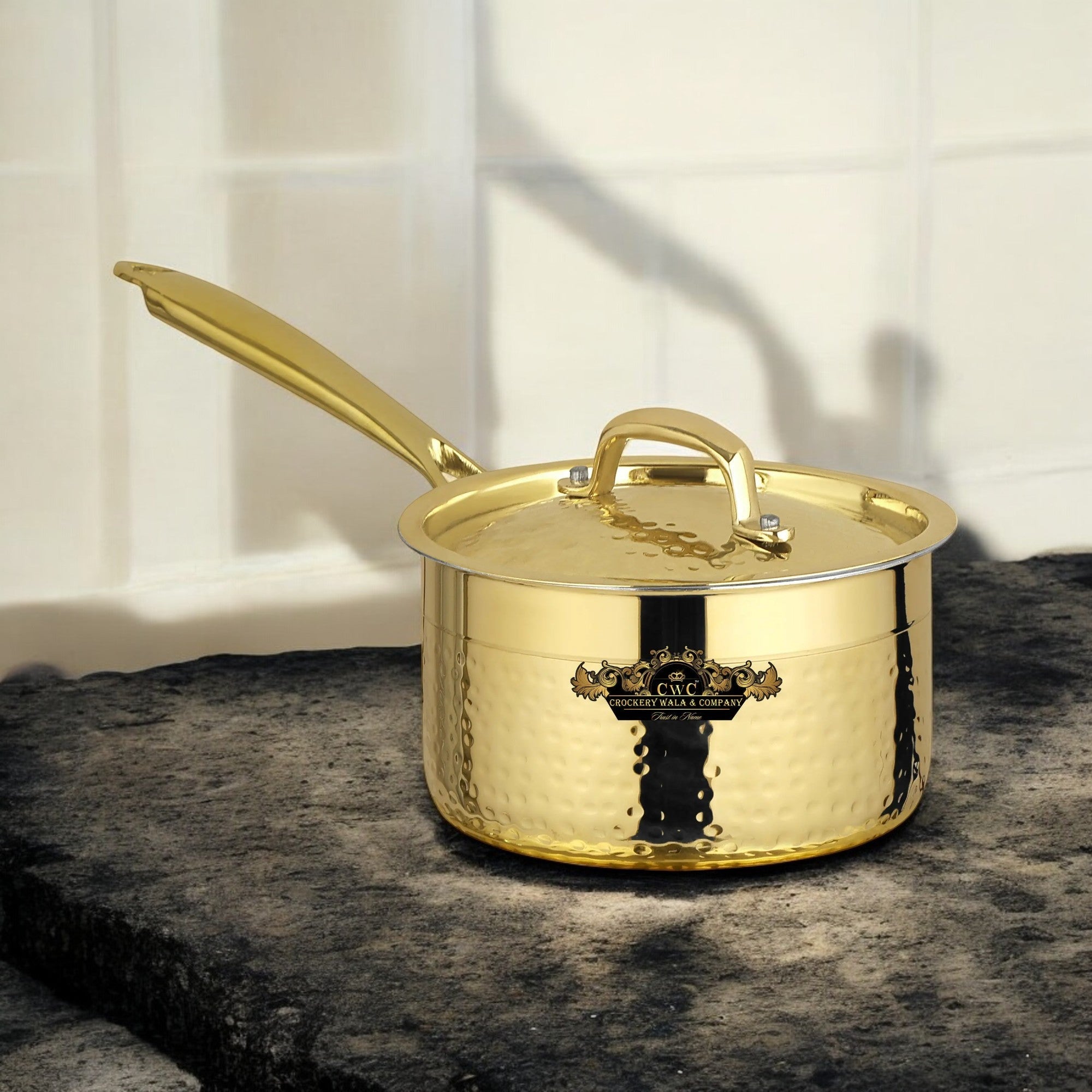 Pure Brass Sauce Pan With Kalai And Lid Hammered Finish CROCKERY WALA AND COMPANY