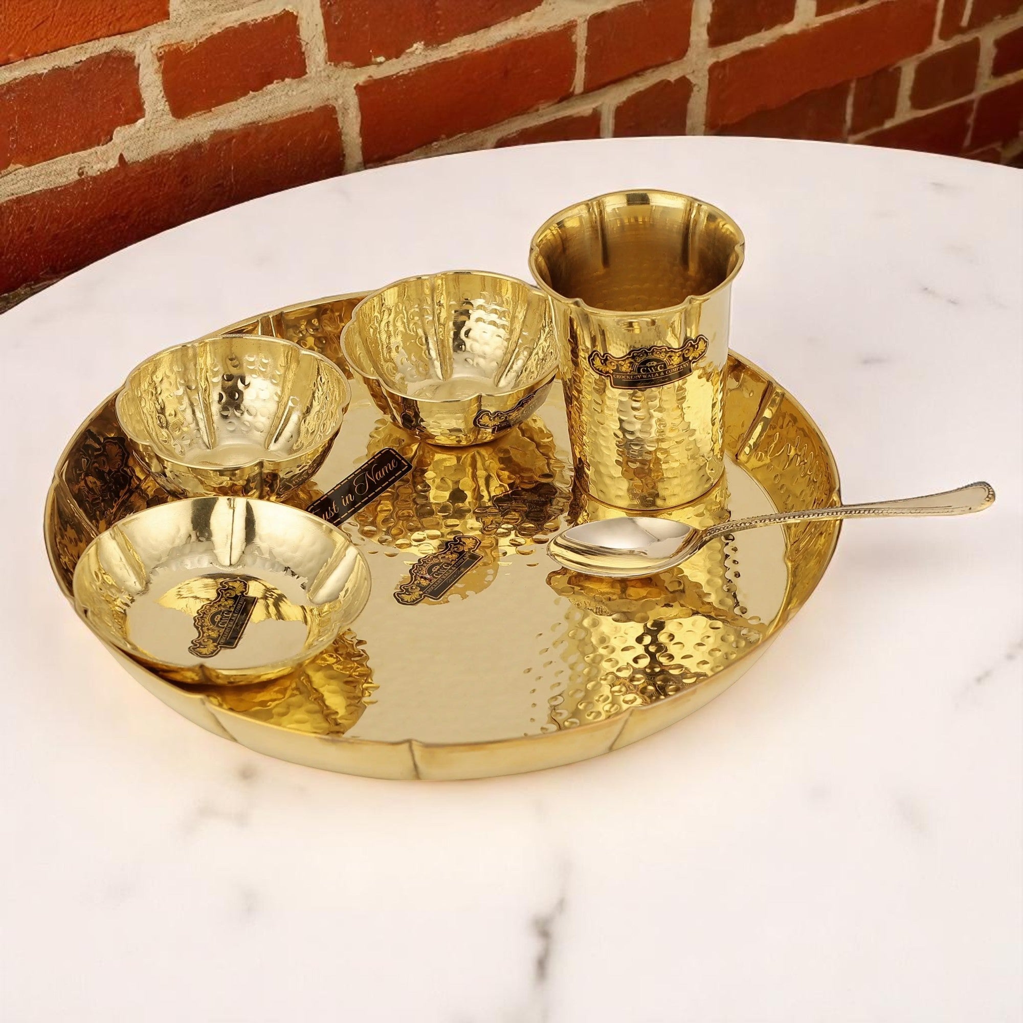 Brass Flower Thali Set - 6 Pcs Decorative Dinnerware - CROCKERY WALA AND COMPANY