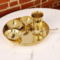 Brass Flower Thali Set - 6 Pcs Decorative Dinnerware - CROCKERY WALA AND COMPANY