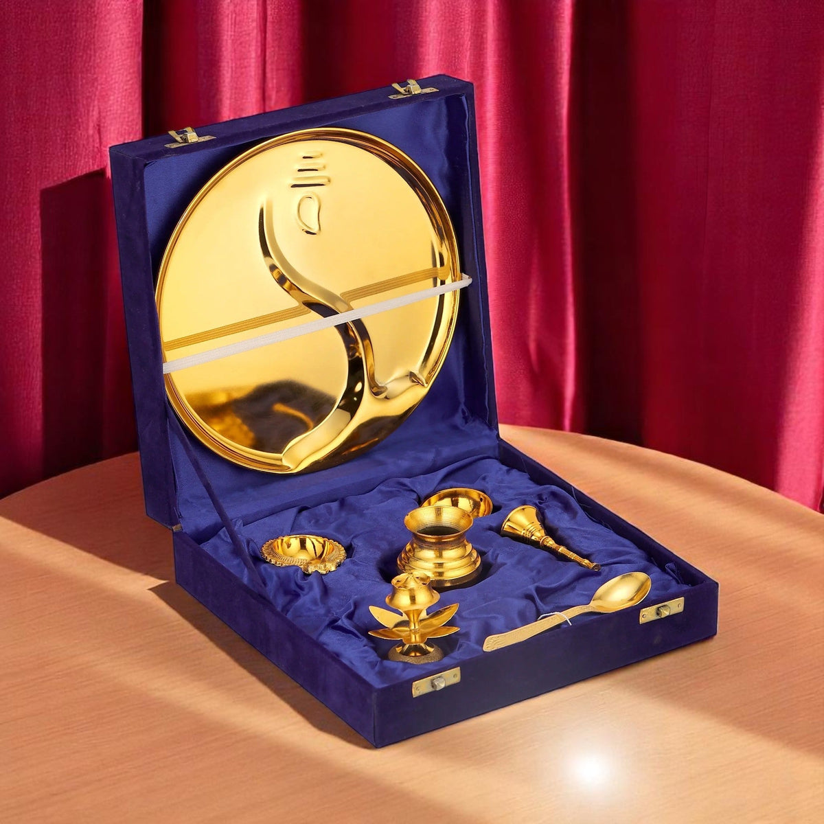 Brass Gold Pooja Thali Set Velvet Box for Rituals - CROCKERY WALA AND COMPANY