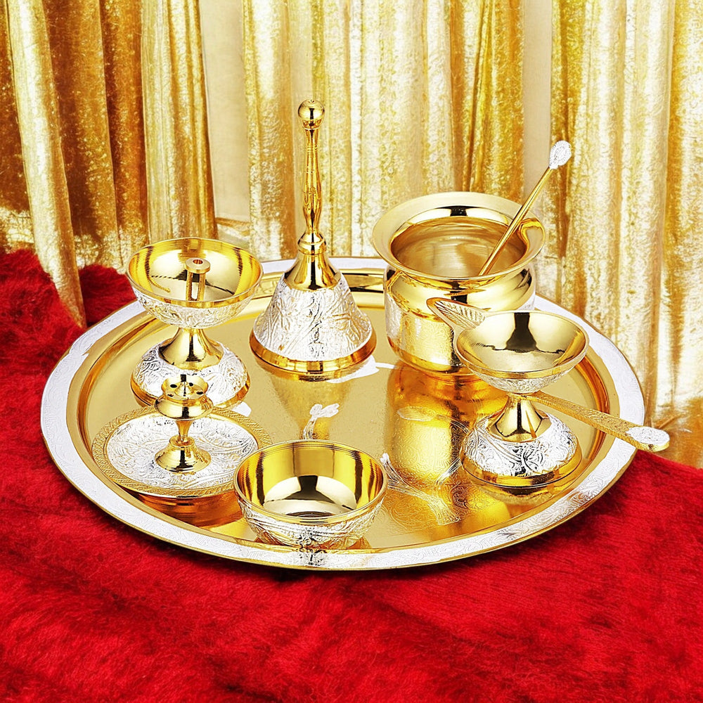 Brass Pooja Thali Set Two Tone With Velvet Box Gift Set - CROCKERY WALA AND COMPANY