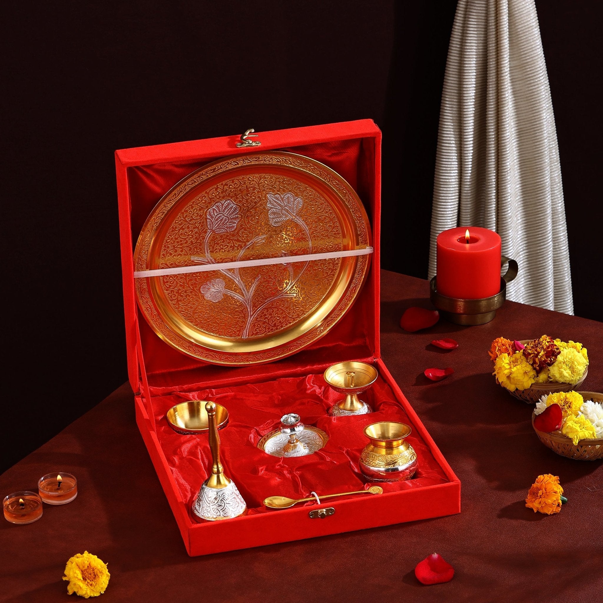 Brass Pooja Thali Set Two Tone With Velvet Box Gift Set - CROCKERY WALA AND COMPANY