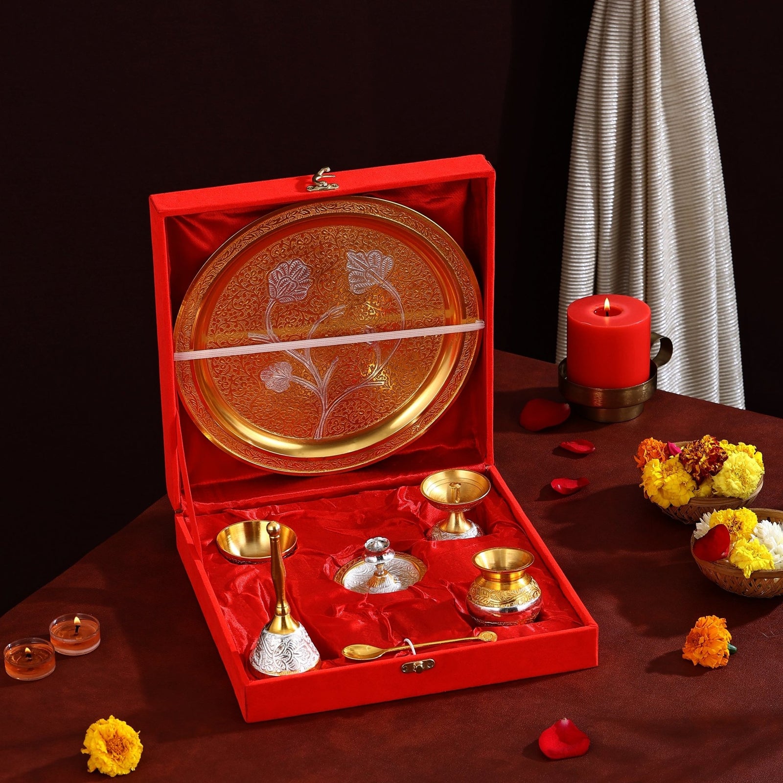 Brass Pooja Thali Set Two Tone With Velvet Box Gift Set - CROCKERY WALA AND COMPANY