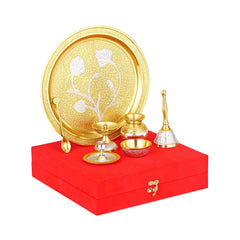 Brass Pooja Thali Set Two Tone With Velvet Box Gift Set - CROCKERY WALA AND COMPANY
