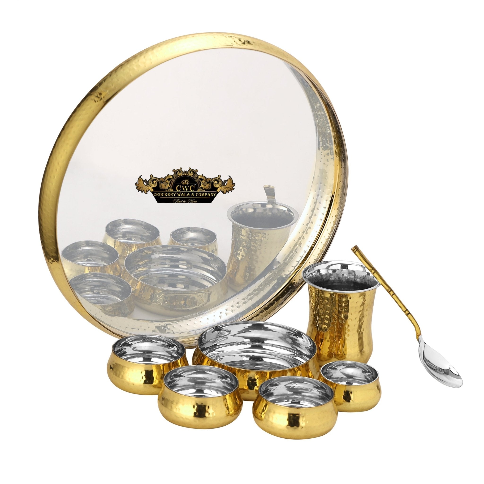 Brass Steel Curve Hammered Thali set 8 pcs - CROCKERY WALA AND COMPANY