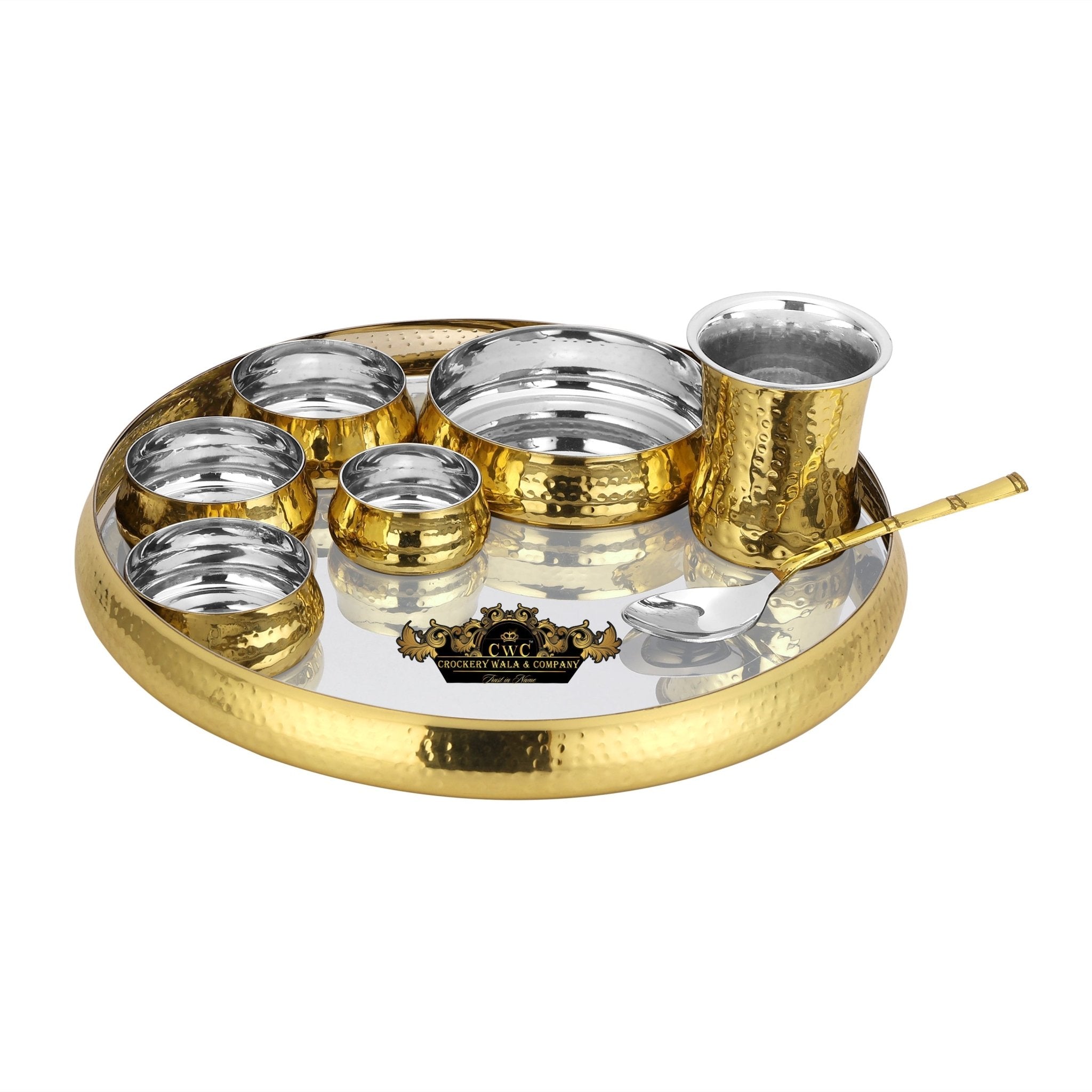 Brass Steel Curve Hammered Thali set 8 pcs - CROCKERY WALA AND COMPANY