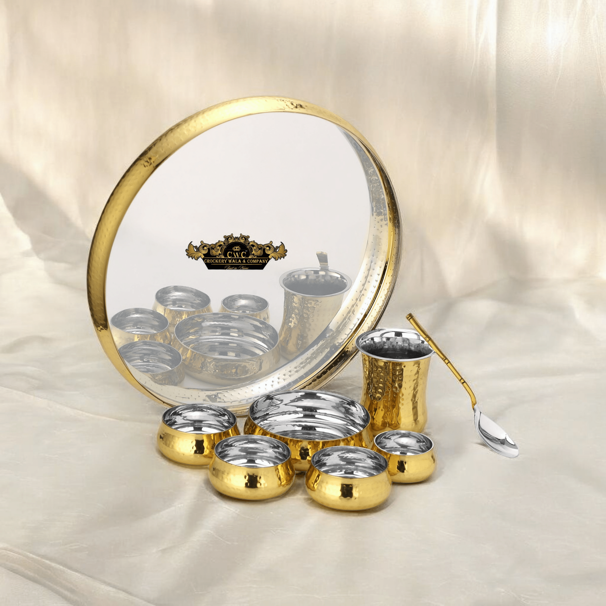 Brass Steel Curve Hammered Thali set 8 pcs - CROCKERY WALA AND COMPANY