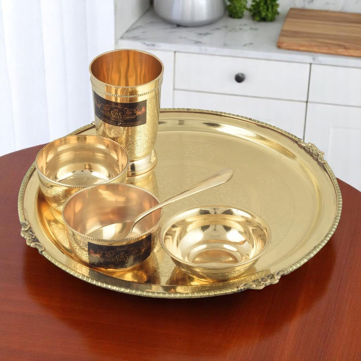 Brass Thali Set Mughal Design 6 Pcs Set for Elegant Dining - CROCKERY WALA AND COMPANY