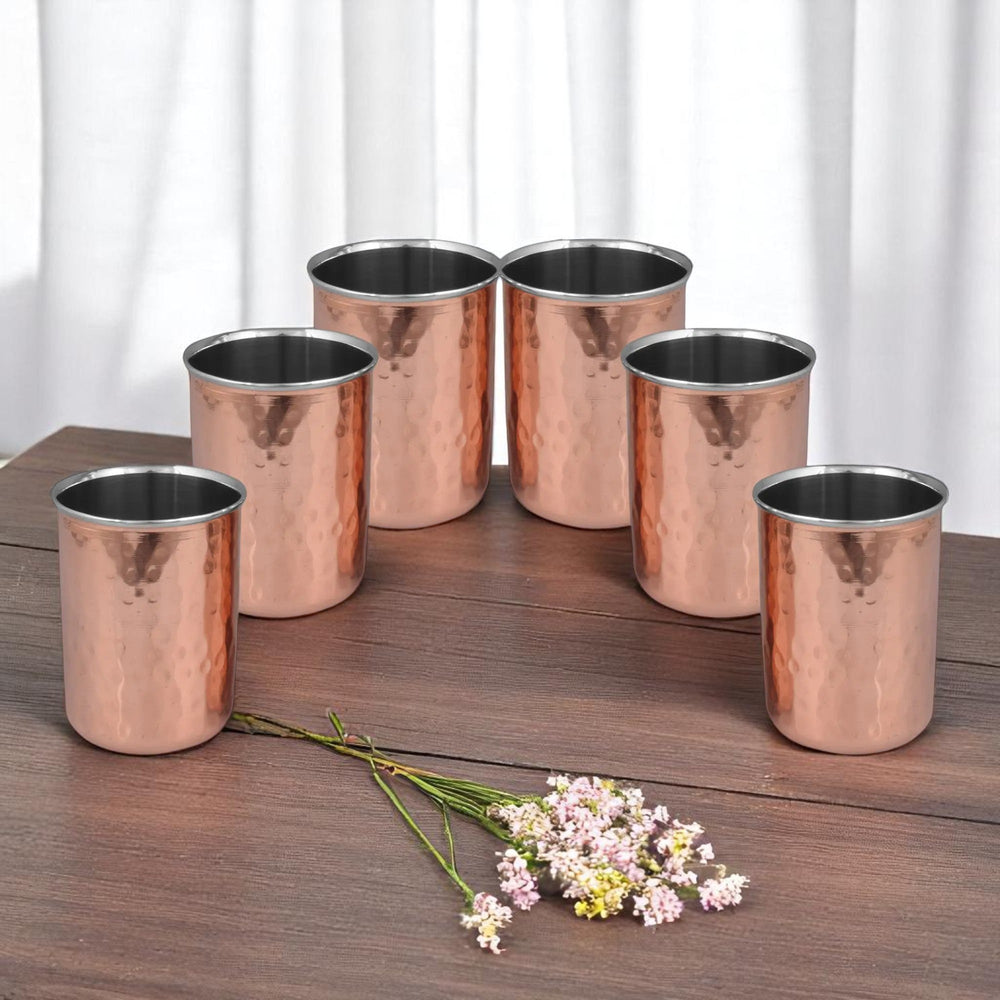 Copper Glass Set of 6 Outer Copper Inner Steel Tumblers - CROCKERY WALA AND COMPANY