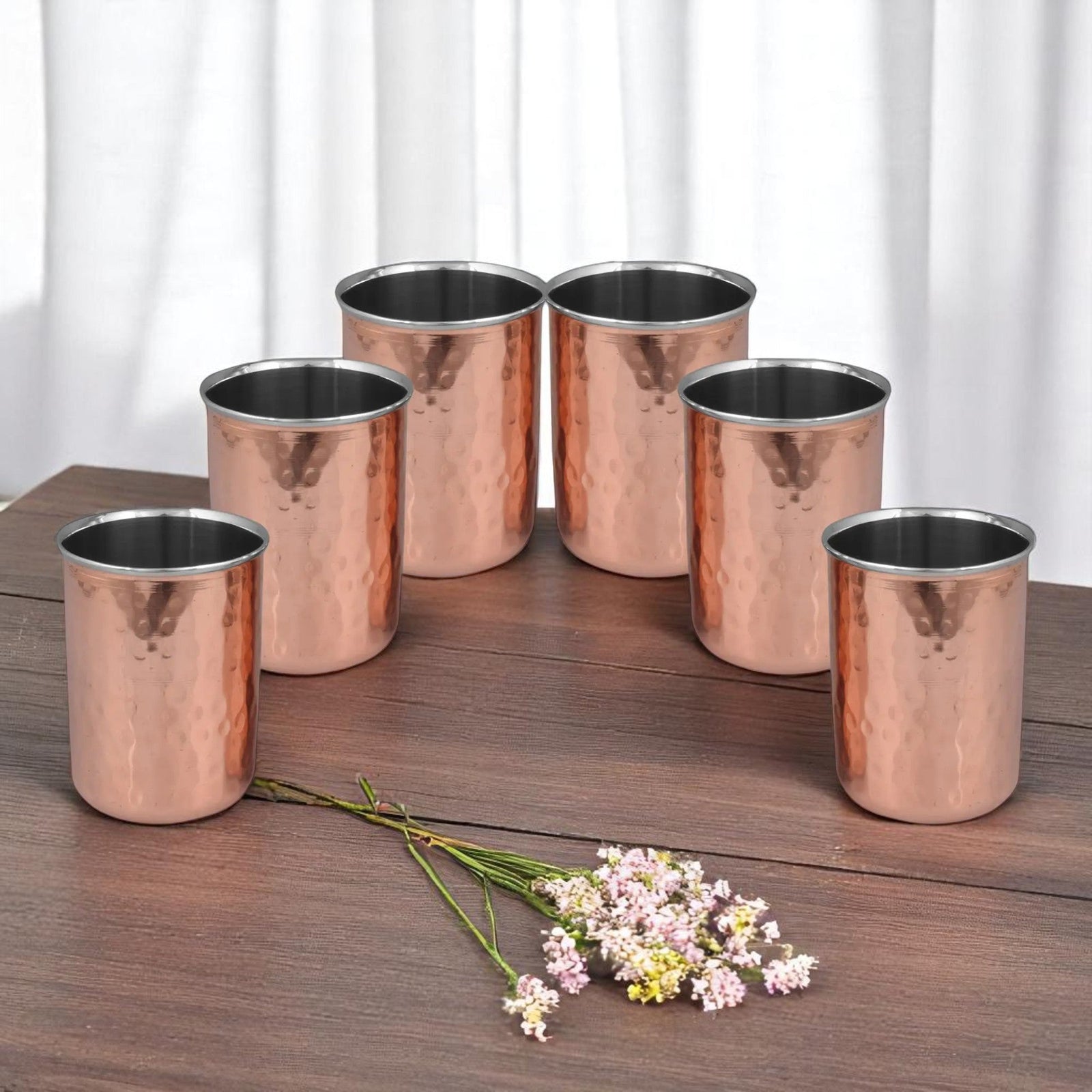 Copper Glass Set of 6 Outer Copper Inner Steel Tumblers - CROCKERY WALA AND COMPANY
