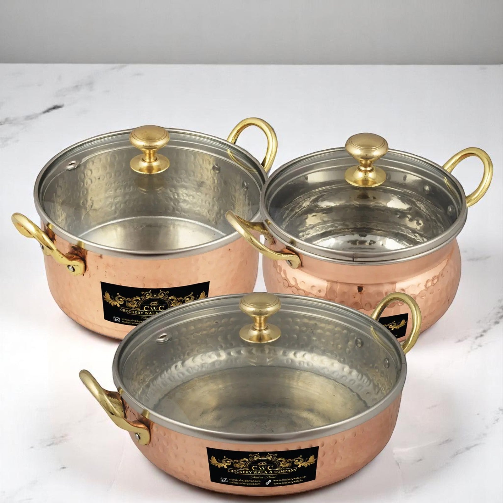 Copper Handi Set For Serving & Cooking 700 Ml Each - 3 Pcs - CROCKERY WALA AND COMPANY